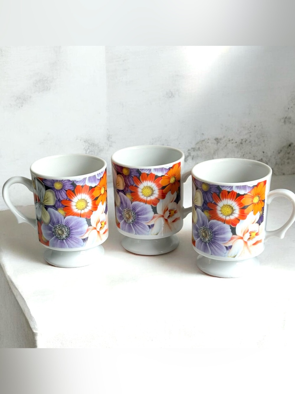 Vintage Japan Floral Butterfly Pedestal Mugs Set of 3 Retro Flower Coffee Cups